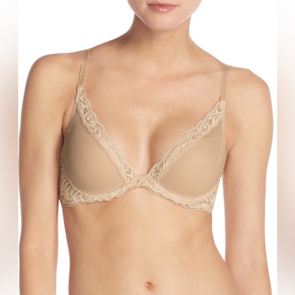 Natori Feathers Contour Plunge Underwire Bra Beige 34C Lace